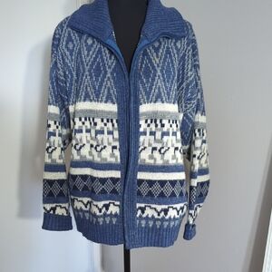 Men's Blue Patterned Zip-Up Knit Sweater Jacket